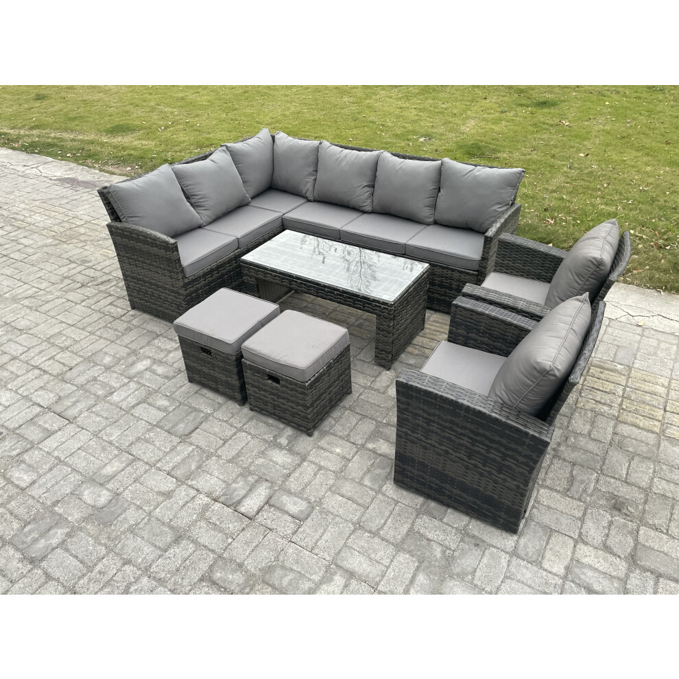 Fimous Dark/Grey Rattan Garden Furniture Sets High Back Corner Sofa Oblong Coffee Table Set With 2 Small Footstool 2 Armchairs Mixed - Image 2