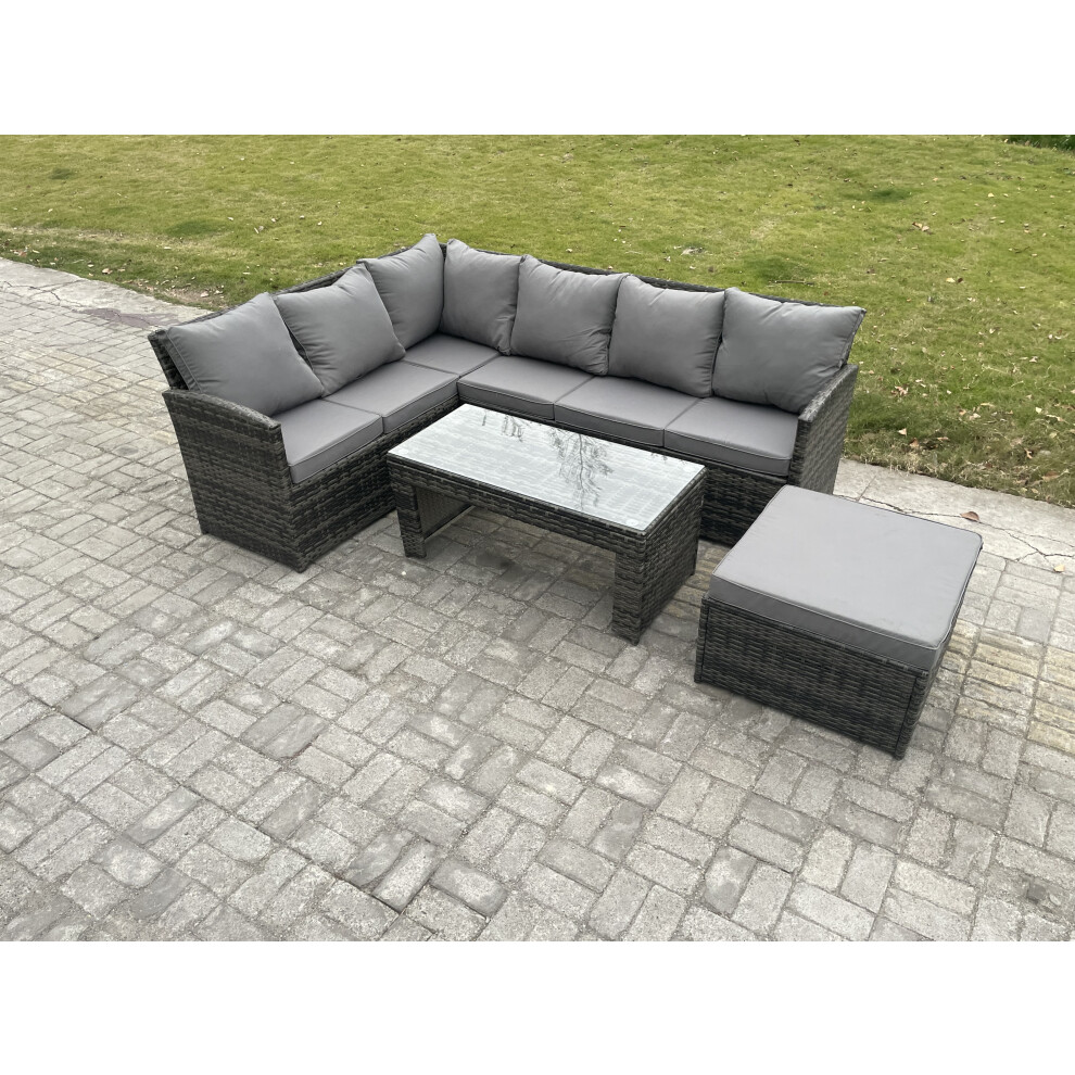 Fimous 7 Seater Outdoor Rattan Garden Furniture Set Corner Sofa Oblong Coffee Table Sets with Patio Big Footstool Dark Grey Mixed