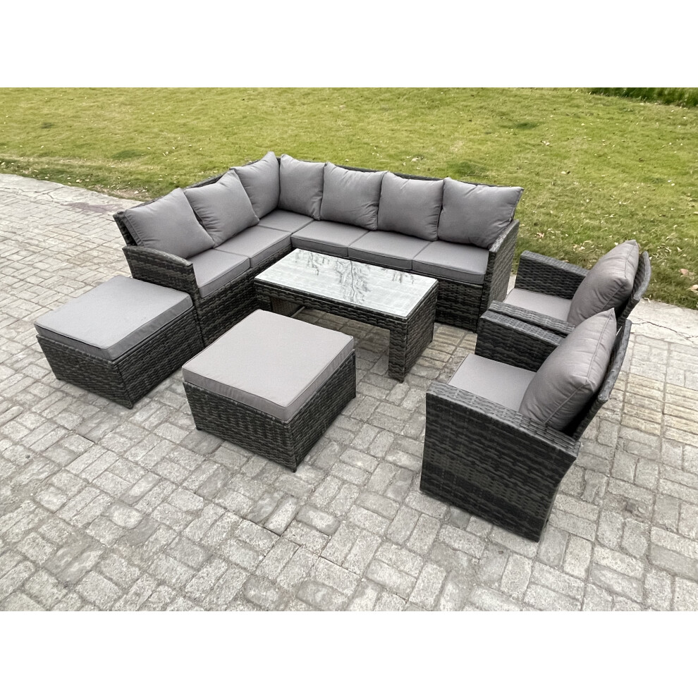 Fimous Unisex Dark Grey Rattan Garden Furniture Sets High Back Corner Sofa Oblong Coffee Table Set With Big Footstool Armchairs Mixed Size 2 - Image 2