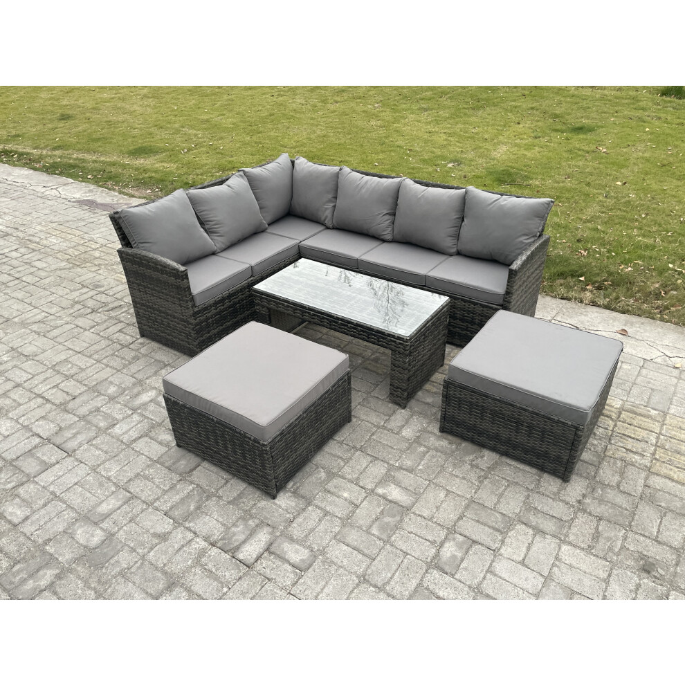 Rackhams Dark/Grey Rattan Garden Furniture Sets High Back Corner Sofa Oblong Coffee Table Set With 2 Big Footstool Mixed - Image 2