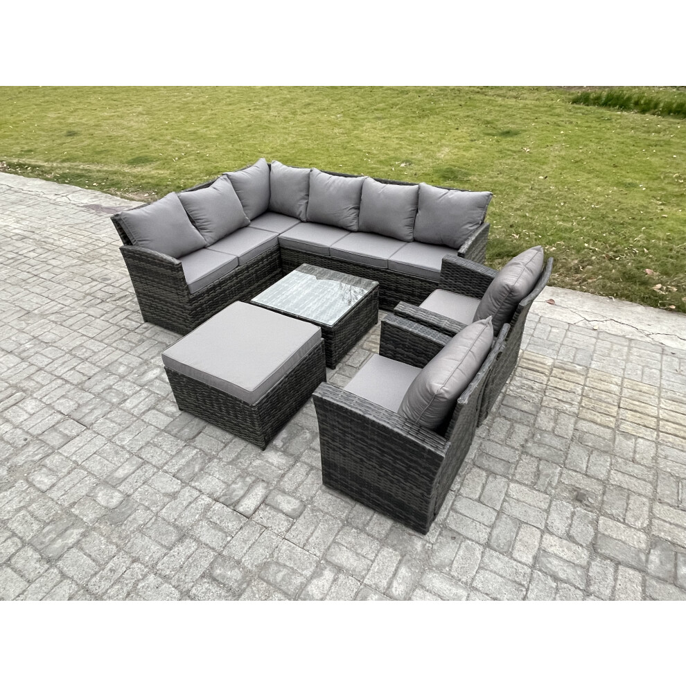 Fimous Unisex Dark Grey Rattan Garden Furniture Sets High Back Corner Sofa Square Coffee Table Set With Big Footstool Armchairs Mixed Size 2 - Image 2