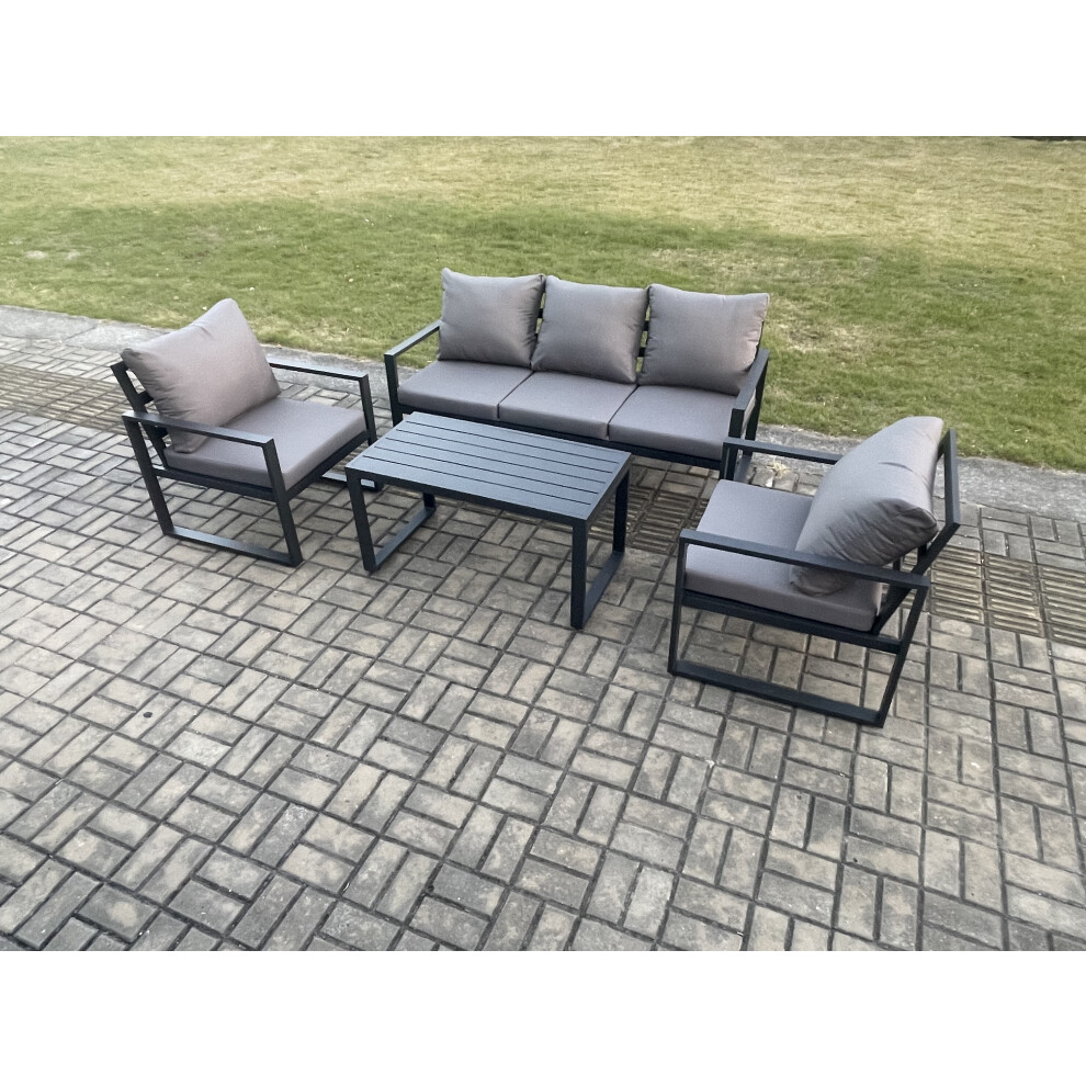 Fimous Aluminium Outdoor Garden Furniture Set Patio Lounge Sofa With Oblong Coffee Table 2 Armchairs Set Dark Grey Brown,Grey