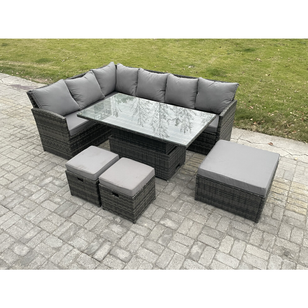 Rackhams Dark/Grey Wicker Pe Outdoor Rattan Garden Furniture Set Height Adjustable Rising Lifting Table Sofa Dining Set With 3 Footstools Mixed - Image 2