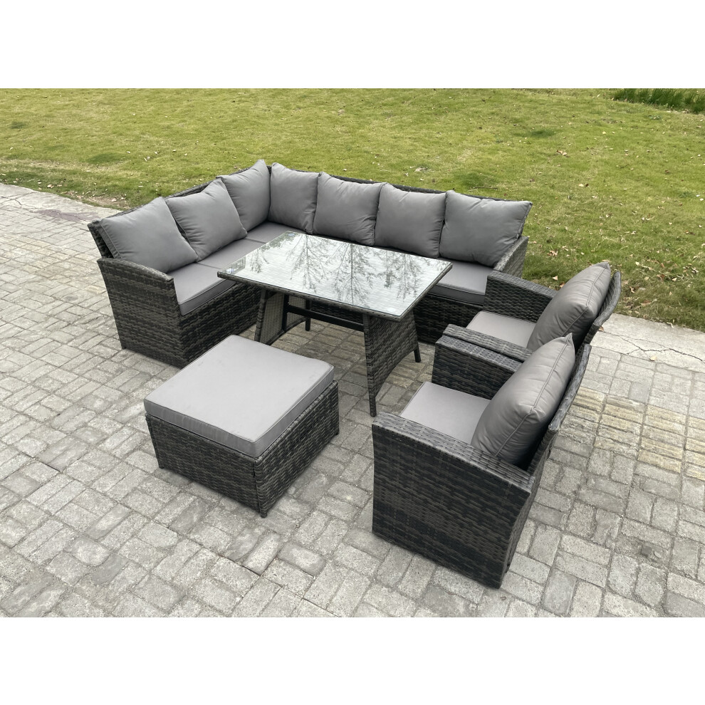 Fimous Unisex Dark Grey Seater Rattan Garden Furniture Sets High Back Corner Sofa Rectangular Dining Table Set With Big Footstool 2 Armchairs Mixed Size 9 - Image 2