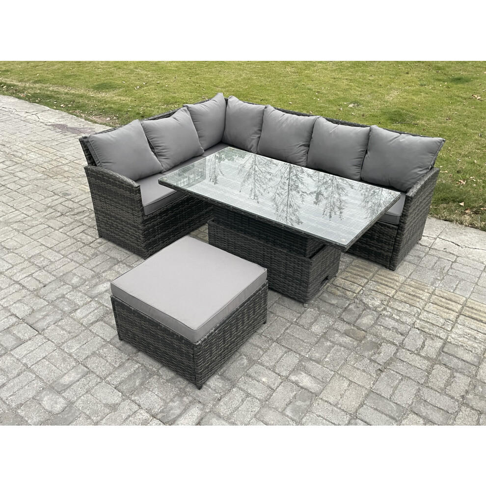 Fimous Dark/Grey 7 Seater Rattan Garden Furniture Sets High Back Corner Sofa Height Adjustable Rising Lifting Table Set With Big Footstool Mixed - Image 2