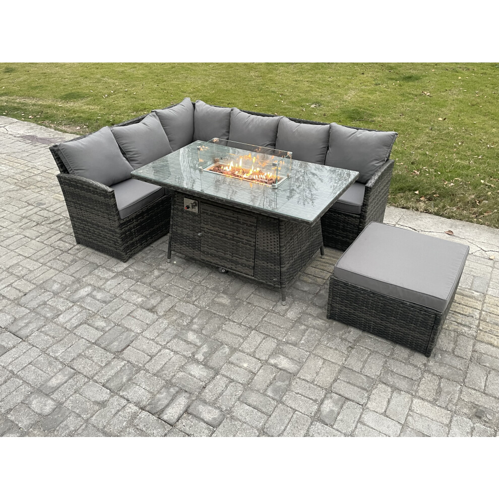 7 Seater Rattan Garden Furniture Sets High Back Corner Sofa Fire Pit Dining Table Sets Gas Heater with Big Footstool Dark Grey Mixed