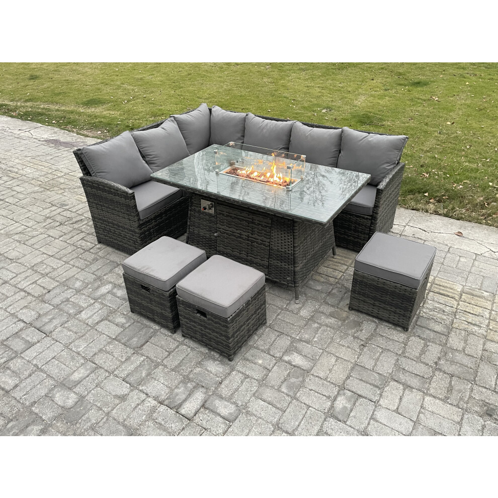 Rattan Garden Furniture High Back Corner Sofa Gas Fire Pit Dining Table Sets Gas Heater with 3 Small Footstools 9 Seater