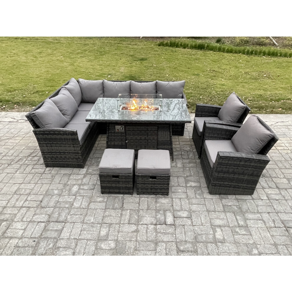 Fimous Unisex Dark Grey Seater Rattan Garden Furniture High Back Corner Sofa Gas Fire Pit Dining Table Sets Gas Heater With Armchair 2 Footstools In Size 10 - Image 2