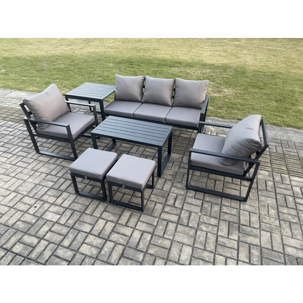 Fimous Unisex Dark Grey Aluminium Patio Outdoor Furniture Set 7 Seater Garden Sofa With Oblong Coffee Table 2 Footstools 2 Armchairs Side Table Small - Image 3