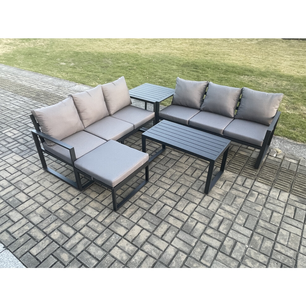 B&Q - Aluminium 5 Pieces Outdoor Garden Furniture Lounge Sofa Set With Oblong Coffee Table Big Footstool Side Table Dark Grey - Image 3