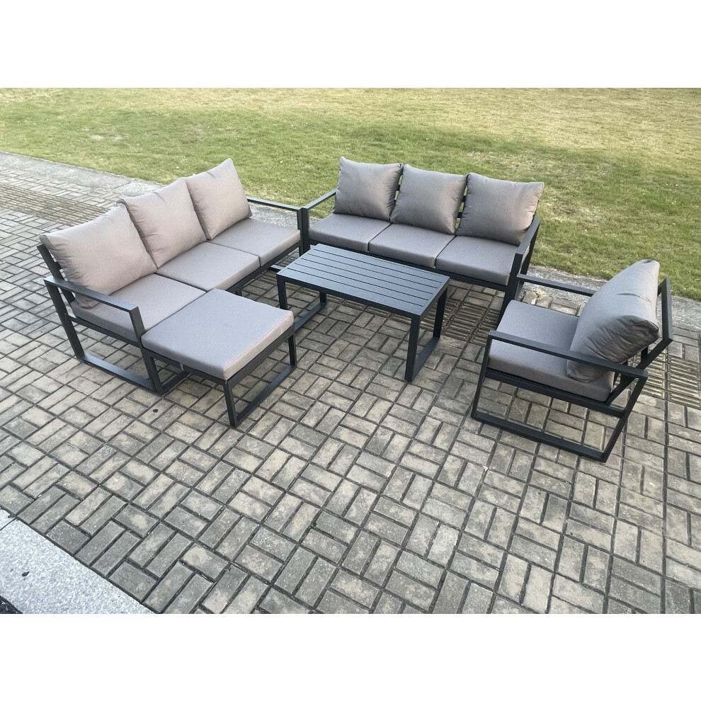Fimous Unisex Dark Grey Aluminium Seater Garden Furniture Outdoor Patio Sofa Set With Rectangular Coffee Table Armchair Big Footstool Size 8 - Image 3