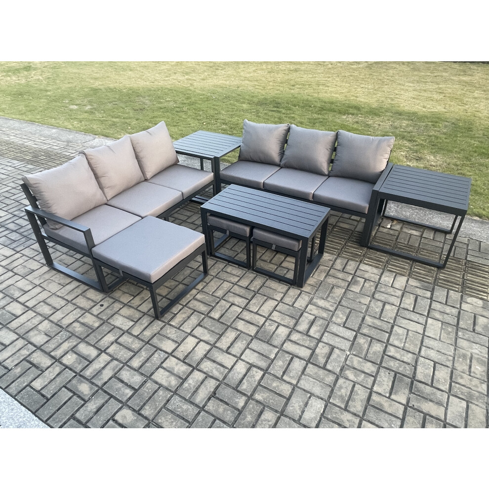 Fimous 9-Seater Aluminium Garden Patio Sofa Set Rectangular Coffee Table, 3 Stool & 2 Table - Dark Grey - Image 3