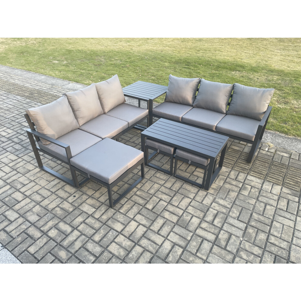 Fimous Unisex Dark Grey Aluminium Seater Garden Furniture Outdoor Patio Sofa Set With Rectangular Coffee Table 3 Footstools Side Table Size 9 - Image 3