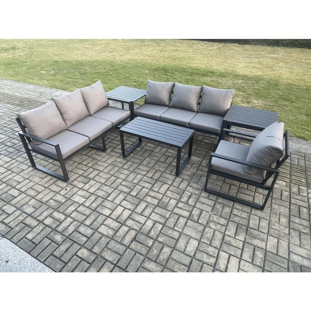 Fimous Dark/Grey Aluminium 7 Seater Garden Furniture Outdoor Patio Sofa Set With Rectangular Coffee Table Armchair 2 Side Tables - Image 3