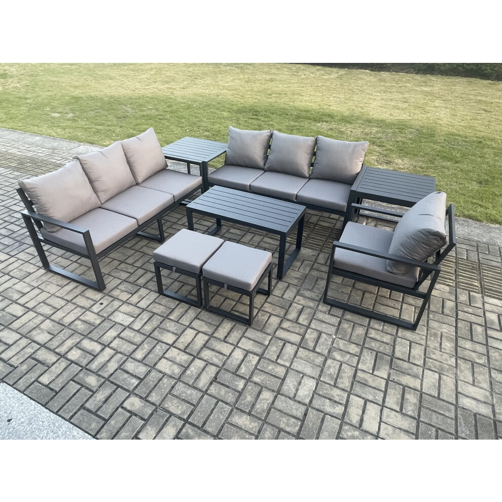 Fimous Unisex Dark Grey Aluminium 9 Seater Garden Furniture Outdoor Patio Sofa Set With Rectangular Coffee Table Armchair 2 Footstool 2 Side Tables In Small - Image 3