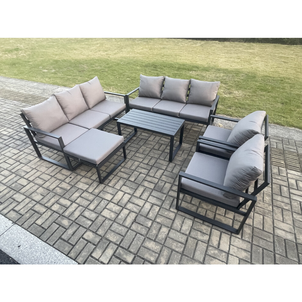 Aluminium Outdoor Garden Furniture Set 9 Seater Garden Sofa with Oblong Coffee Table Big Footstool Dark Grey