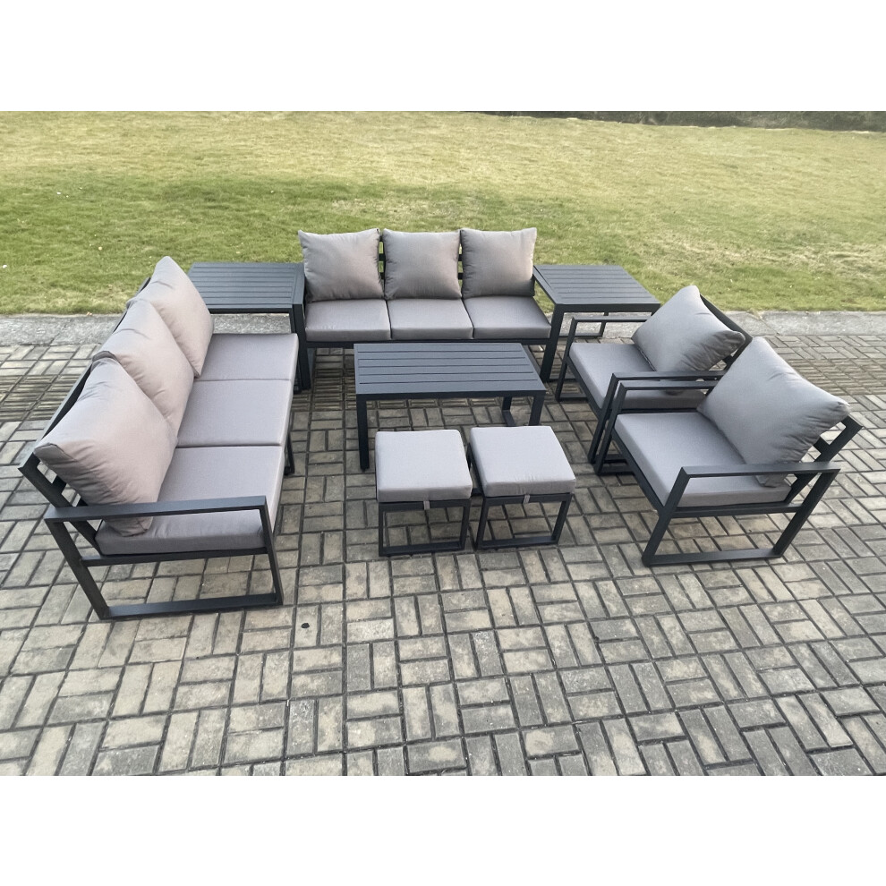 Fimous Aluminium Lounge Sofa Set 2 Chairs, Oblong Coffee Table, 2 Side Tables & 2 Stools - Dark Grey - Image 3
