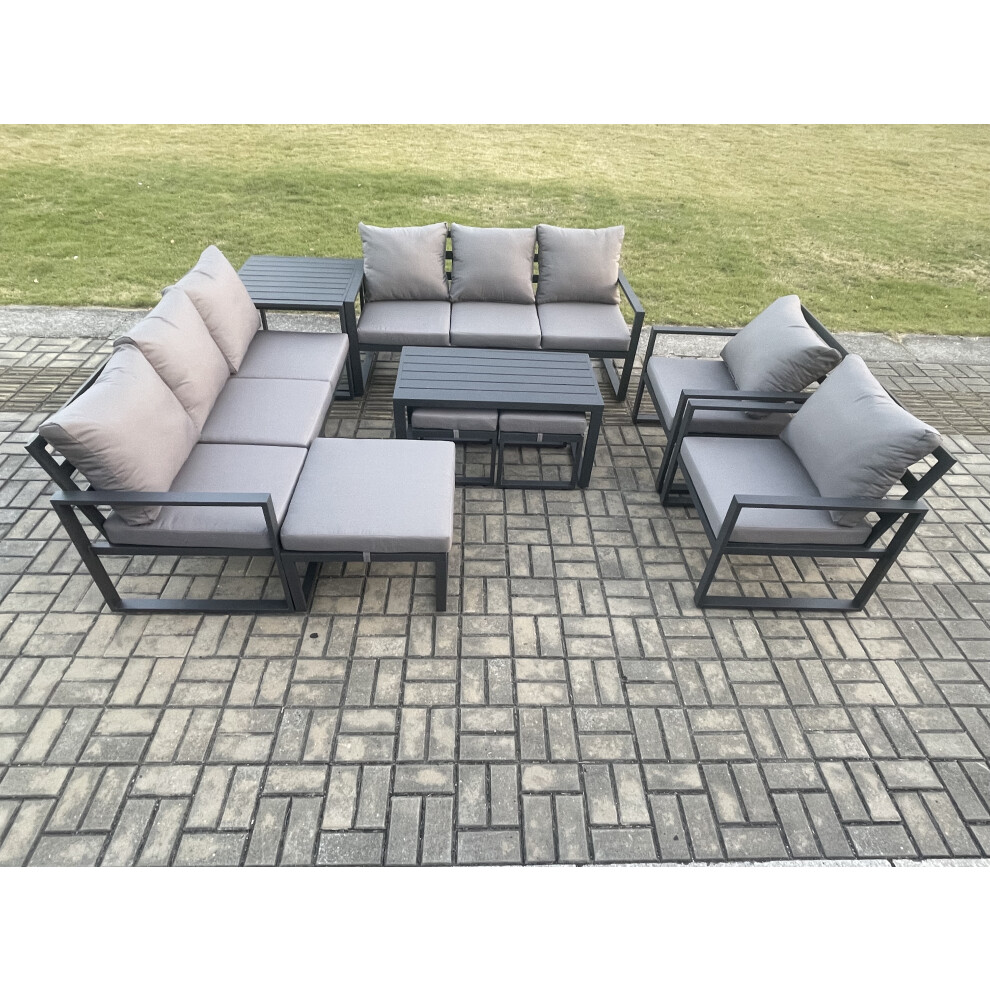 Fimous Aluminium Sofa 2 Chairs, Oblong Coffee Table, Side Table, 3 Stools - Dark Grey - Image 3