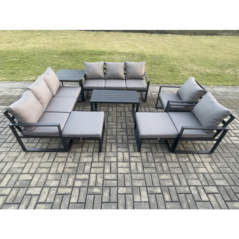Fimous Aluminium Lounge Sofa Set 2 Chairs, Oblong Coffee Table, Side Table & 2 Stools - Dark Grey - Image 3
