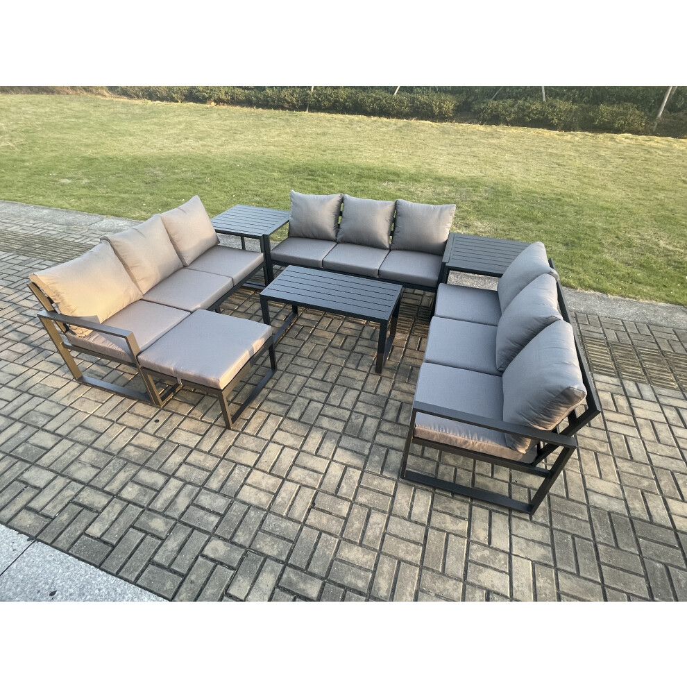Fimous Aluminium 10 Seater Outdoor Garden Furniture Set Lounge Sofa Oblong Coffee Table Big Footstool Sets with Cushions Dark Grey