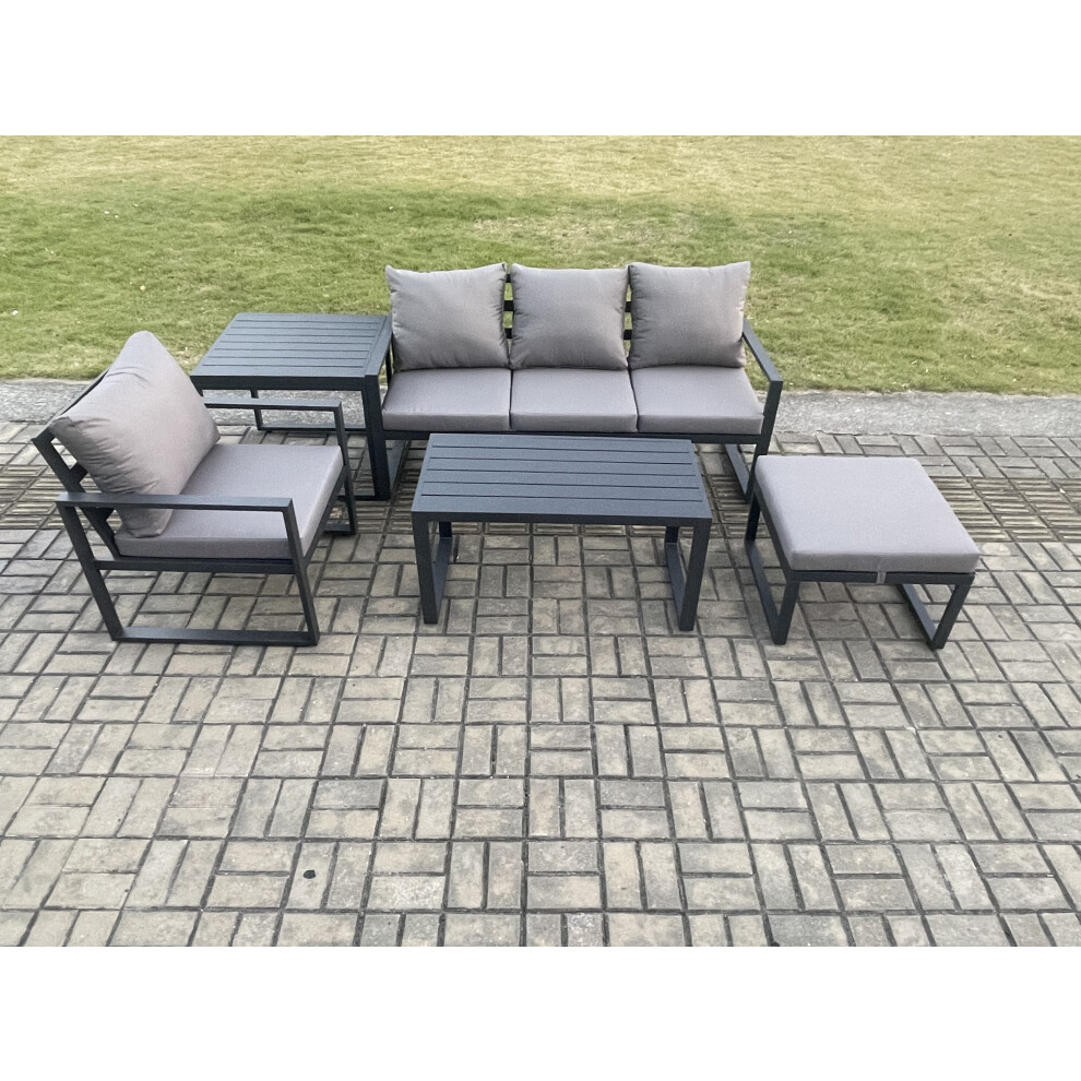 Fimous Aluminium 5 Pieces Garden Furniture Sofa Set with Cushions 5 Seater Outdoor Patio Set with Armchair Big Footstool Dark Grey-image-OPC-PDPF596-NEW