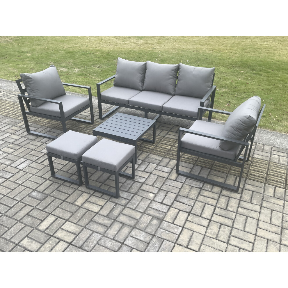 Fimous Dark/Grey Aluminium 7 Seater Outdoor Lounge Sofa Set Garden Furniture Sets With Square Coffee Table 2 Chairs 2 Small Footstools - Image 3