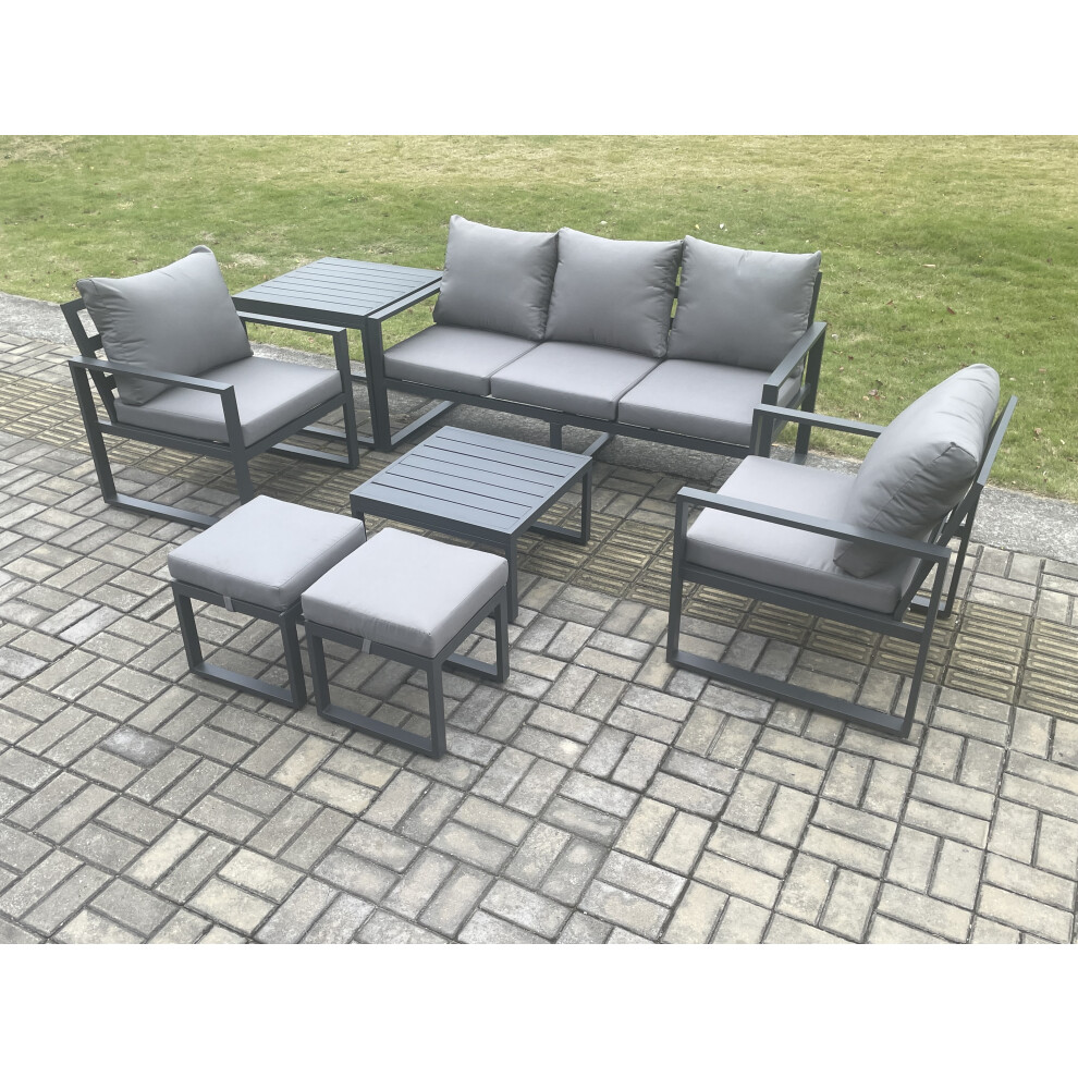 Fimous Unisex Dark Grey Aluminium 7 Seater Outdoor Lounge Sofa Set Garden Furniture Sets With Square Coffee Table 2 Chairs 2 Footstools Side Table Small - Image 3