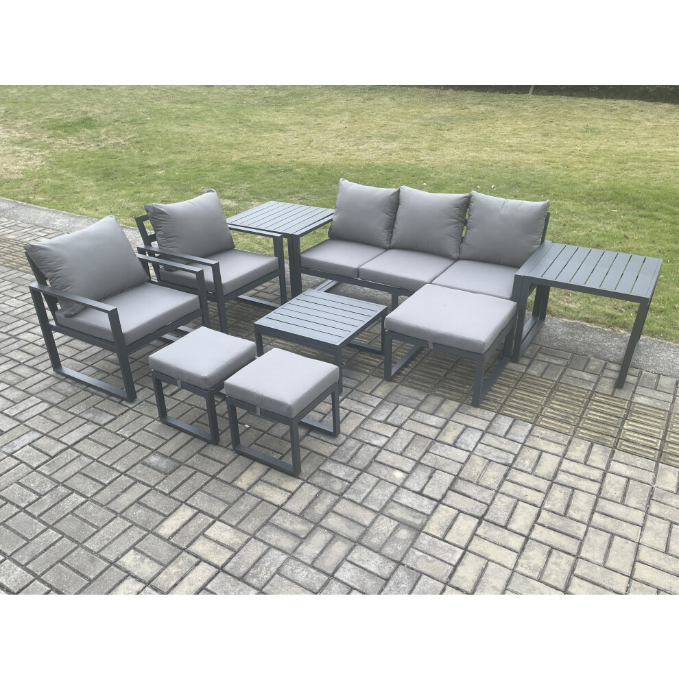 Fimous Unisex Dark Grey Aluminium Outdoor Lounge Sofa Set Garden Furniture Sets With Square Coffee Table Chairs 3 Footstools Side Tables 8 Seater Size 2 - Image 3