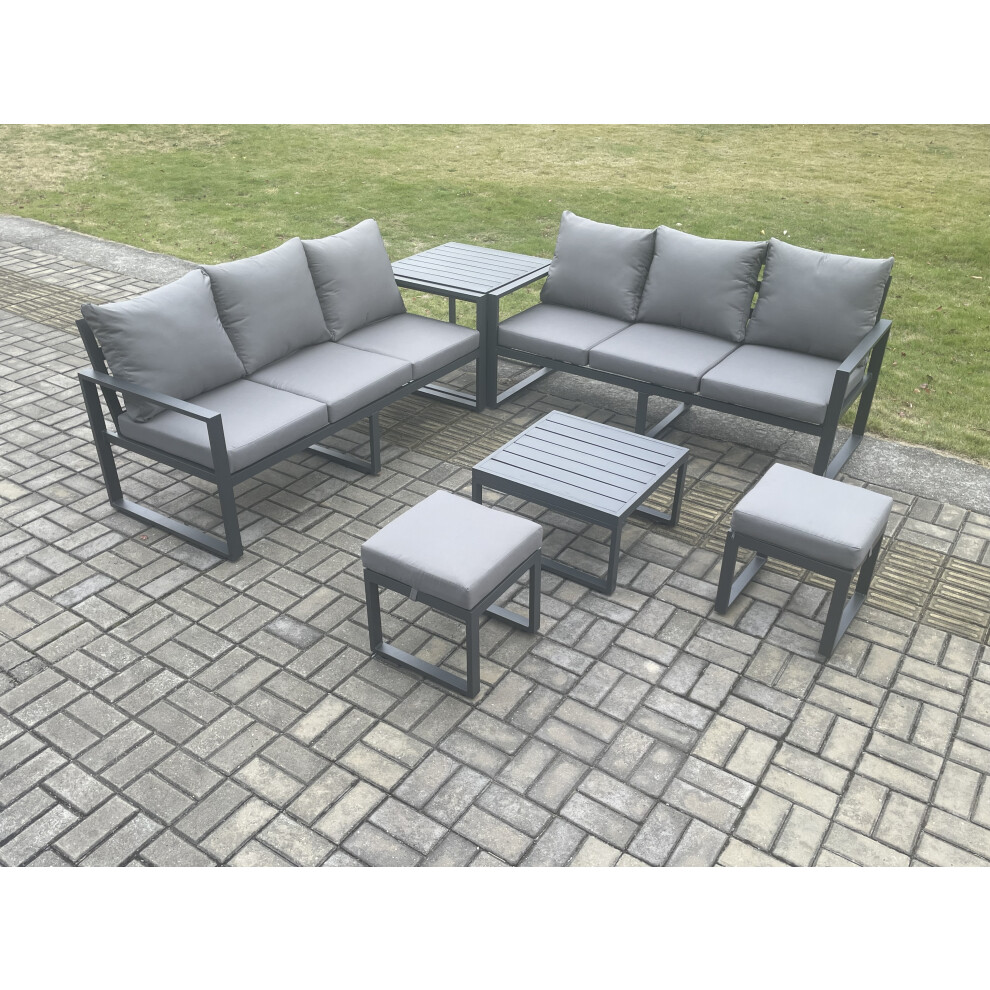 Fimous Dark/Grey Aluminium 6 Pieces Garden Furniture Sofa Set With Cushions 8 Seater With Square Coffee Table 2 Small Footstools Side Table - Image 3