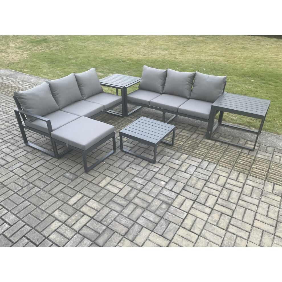 Fimous Aluminium 6 Pieces Garden Furniture Sofa Set Cushions 7 Seater Patio Set Coffee Table Stool - Dark Grey - Image 3