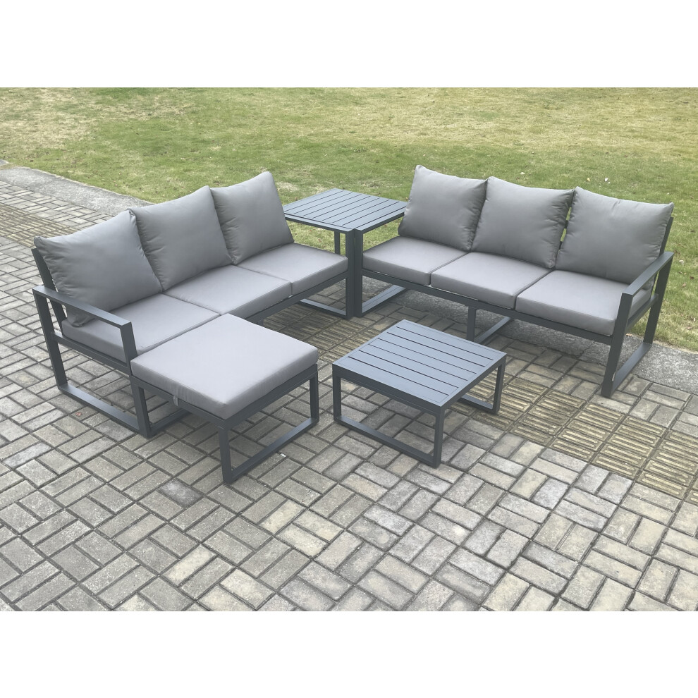 Rackhams Dark/Grey 7-Seater Aluminium Outdoor Sofa Set | 5 Pieces, Square Coffee Table, Large Footstool, Side Table | - Image 3