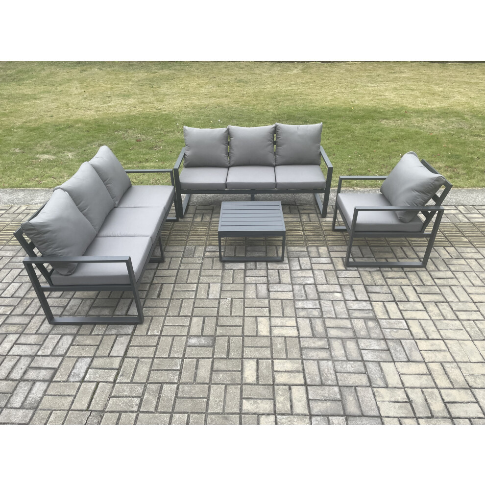 Fimous Aluminium 7 Seater Garden Furniture Lounge Sofa Set Square Coffee Table Chair - Dark Grey - Image 3