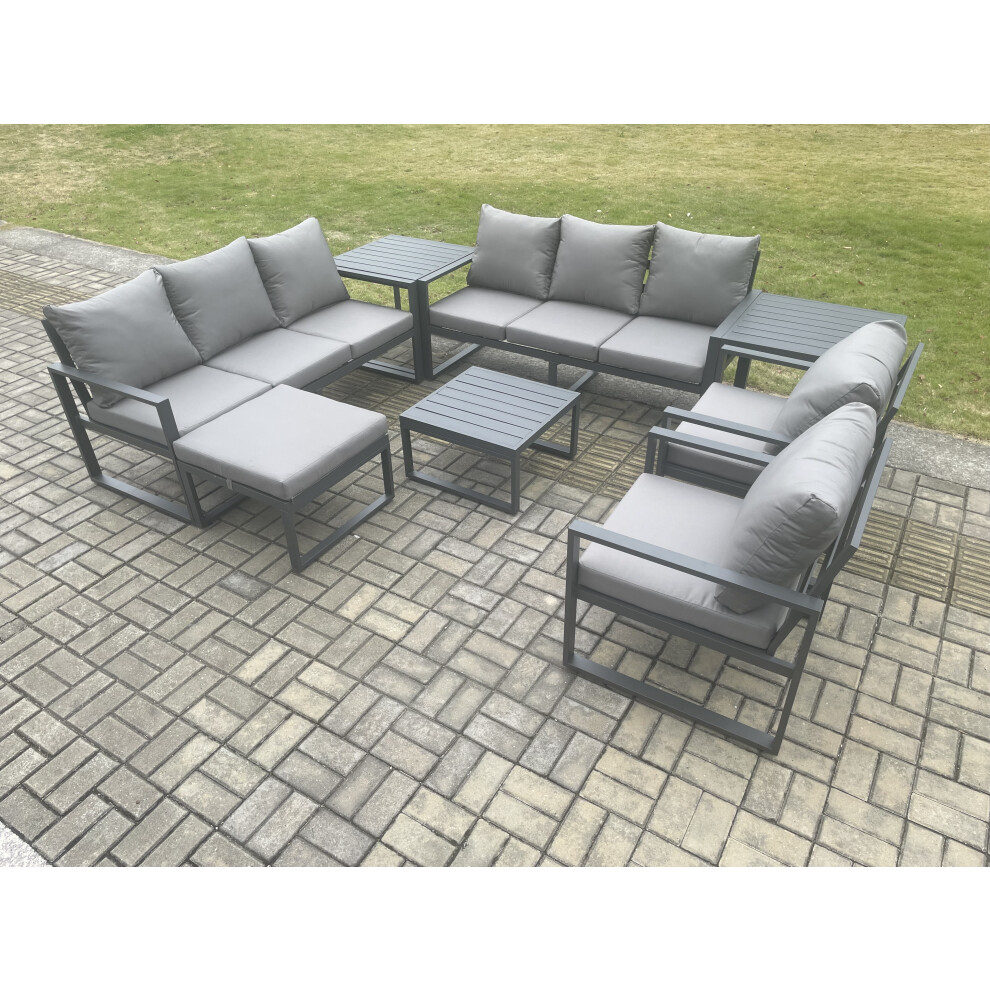 Fimous Unisex Dark Grey Aluminium Patio Outdoor Garden Furniture Lounge Sofa Set With Square Coffee Table Chairs Big Footstool Side Tables Size 2 - Image 3