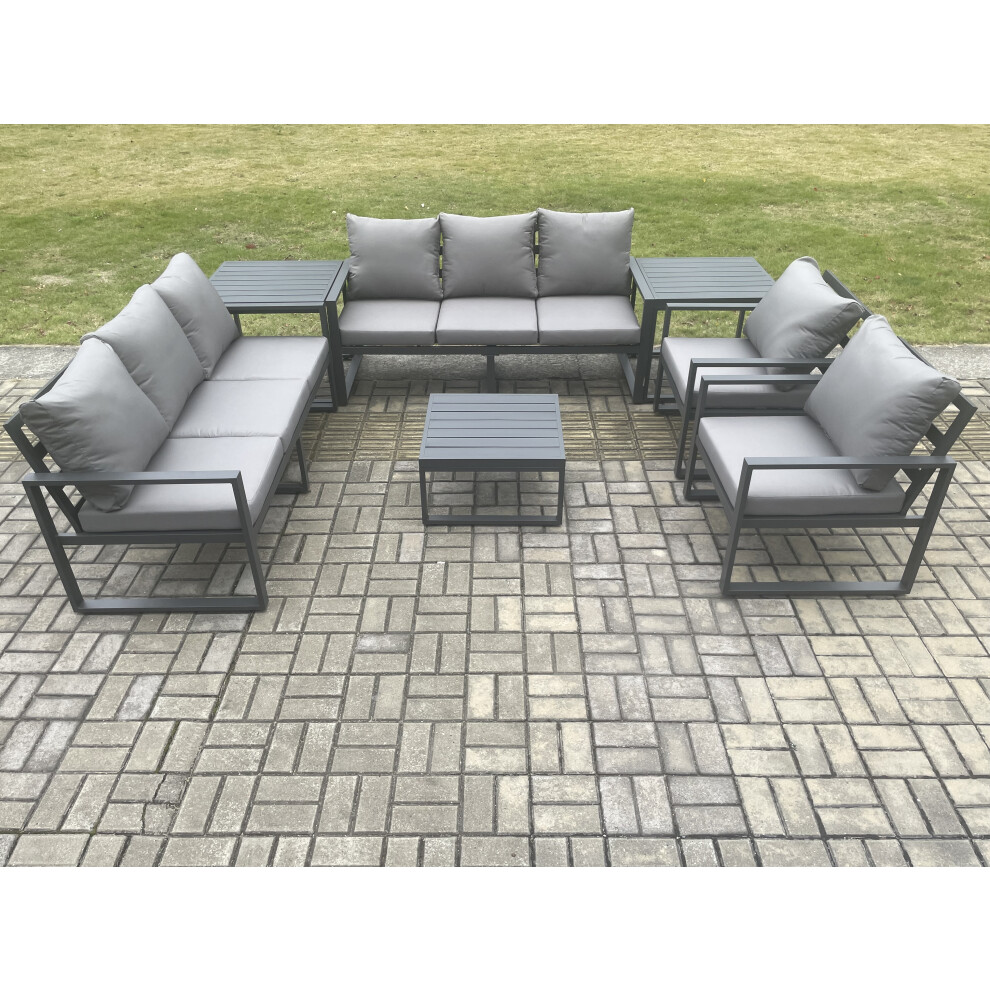 Fimous Dark/Grey Aluminium Outdoor Lounge Sofa Set Garden Furniture Sets With Square Coffee Table 2 Chairs 2 Side Tables 8 Seater - Image 3