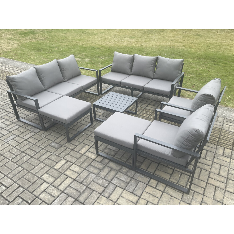 Fimous Aluminium Patio Garden Furniture Lounge Sofa Set Square Coffee Table 2 Chairs 2 Stools - Dark Grey - Image 3