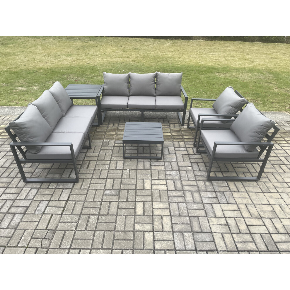 Fimous Unisex Dark Grey Aluminium Outdoor Lounge Sofa Set Garden Furniture Sets With Square Coffee Table Chairs Side Table 8 Seater Size 2 - Image 3