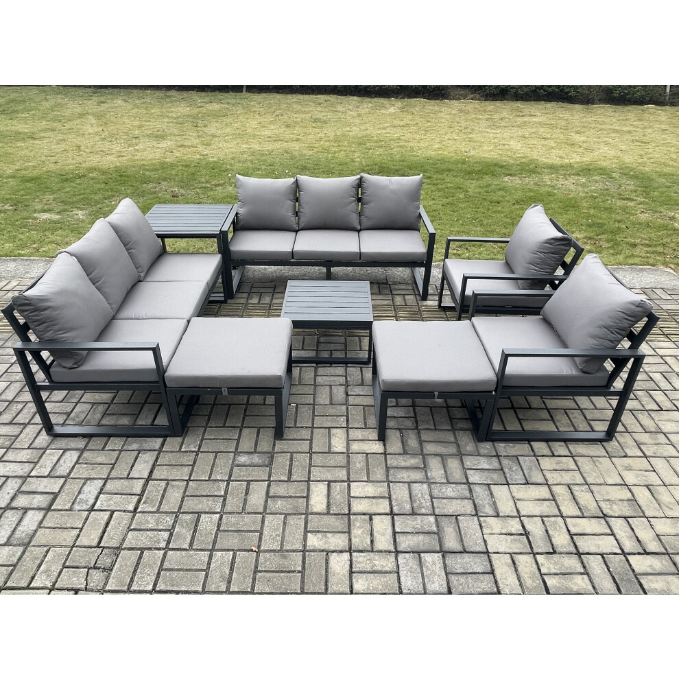 Fimous Unisex Dark Grey Aluminium Patio Outdoor Garden Furniture Lounge Sofa Set With Square Coffee Table Chairs Side Table Big Footstool Size 2 - Image 3