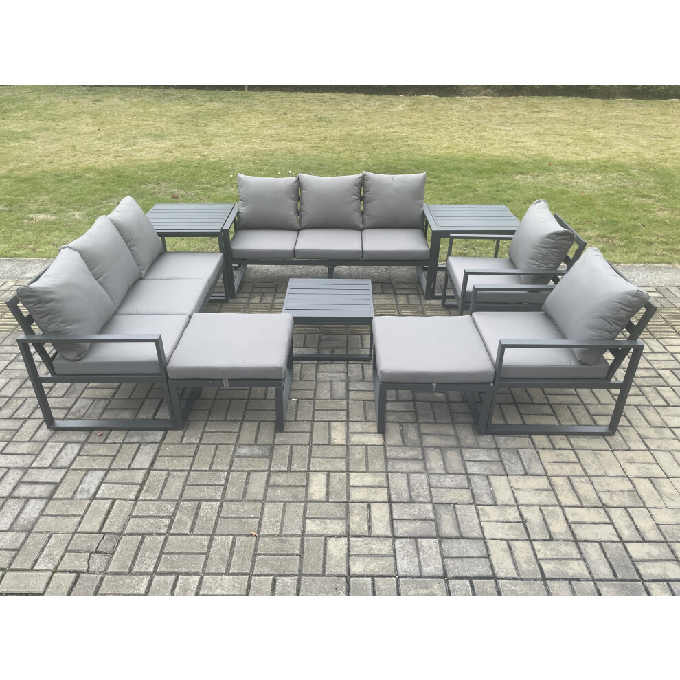 Fimous Dark/Grey Aluminium Patio Outdoor Garden Furniture Lounge Sofa Set With Square Coffee Table 2 Chairs 2 Side Tables 2 Big Footstool - Image 3