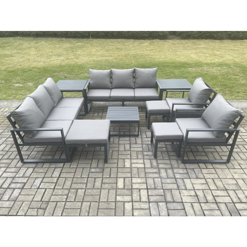 Fimous Dark/Grey Aluminium Outdoor Garden Furniture Set Patio Lounge Sofa With Square Coffee Table 2 Side Tables 2 Armchairs 3 Footstools - Image 3