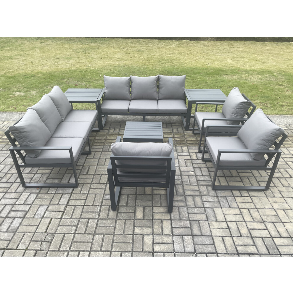 Aluminium Outdoor Garden Furniture Set Patio Lounge Sofa with Square Coffee Table 3 Armchairs 2 Side Tables Dark Grey