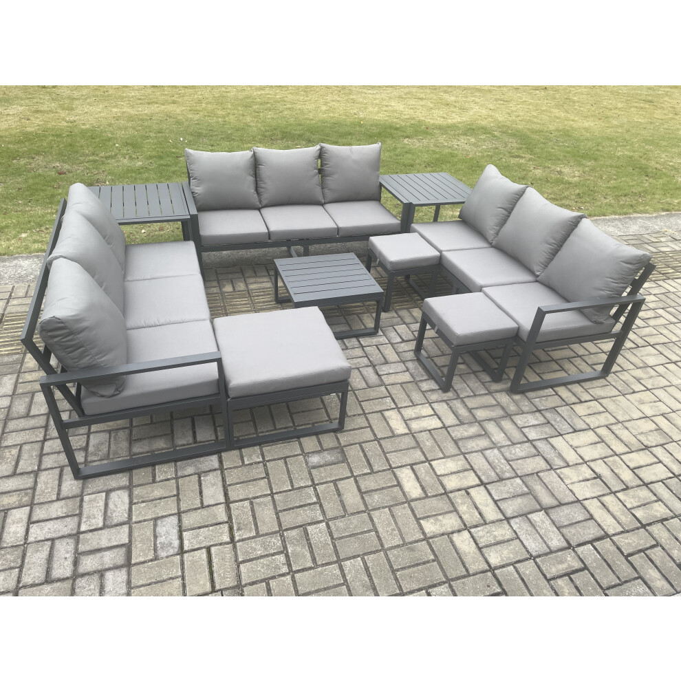 Fimous Dark/Grey Aluminium Outdoor Garden Furniture Set Patio Lounge Sofa With Square Coffee Table 2 Side Tables 3 Footstools Conservatory Set - Image 3