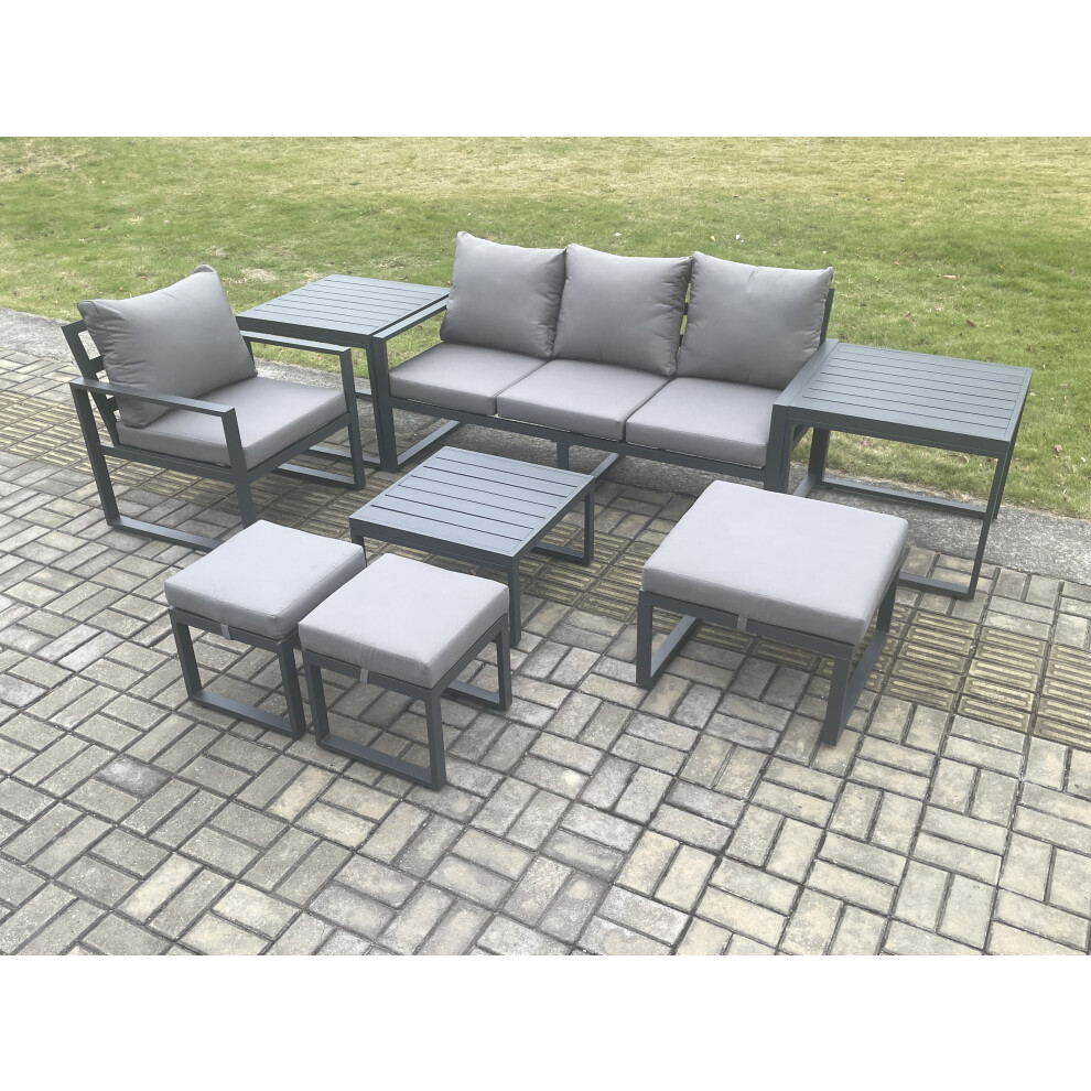 Fimous Dark/Grey Aluminium Outdoor Garden Furniture Set Sofa Chair Square Coffee Table With 2 Side Tables 3 Footstools 7 Seater - Image 3