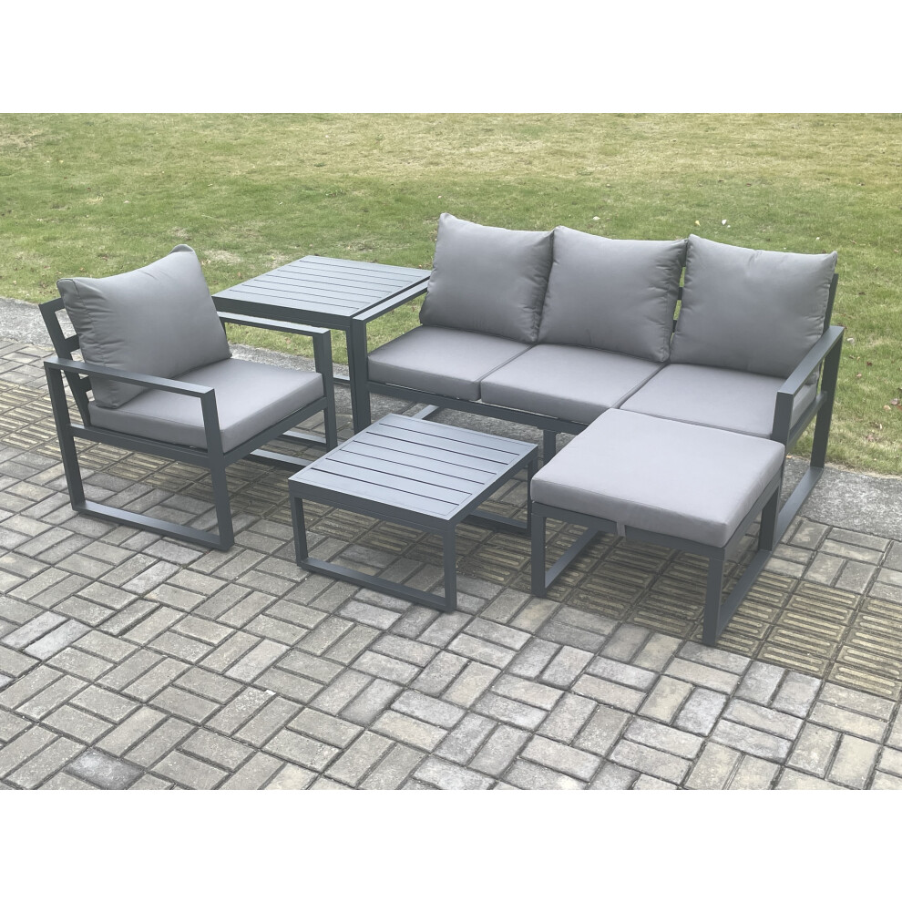 Rackhams Dark/Grey Aluminium Outdoor Garden Furniture Set Lounge Sofa Chairs Square Coffee Table Sets With Side Table Big Footstool Conservatory Set - Image 3