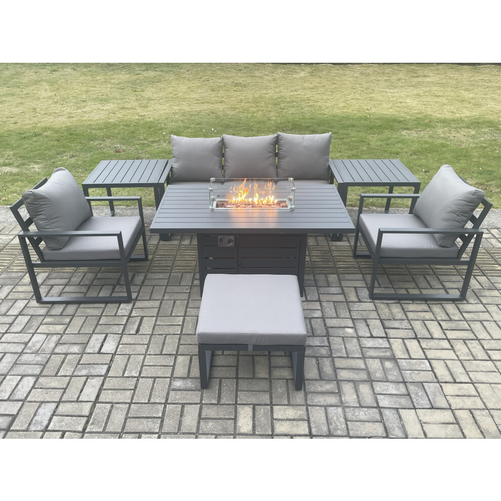 Fimous Aluminium Garden Furniture Set Gas Fire Pit Dining Table Set 2 Chair 2 Side Tables Stool 6 Seater - Image 3