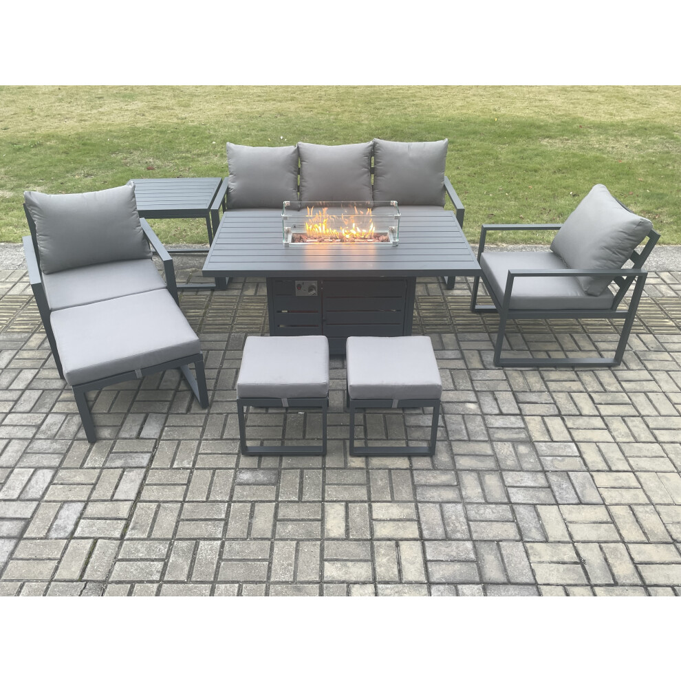 Fimous Dark/Grey Aluminium Patio Outdoor Garden Furniture Lounge Sofa Set Gas Fire Pit Dining Table With Side Table 3 Footstools - Image 3