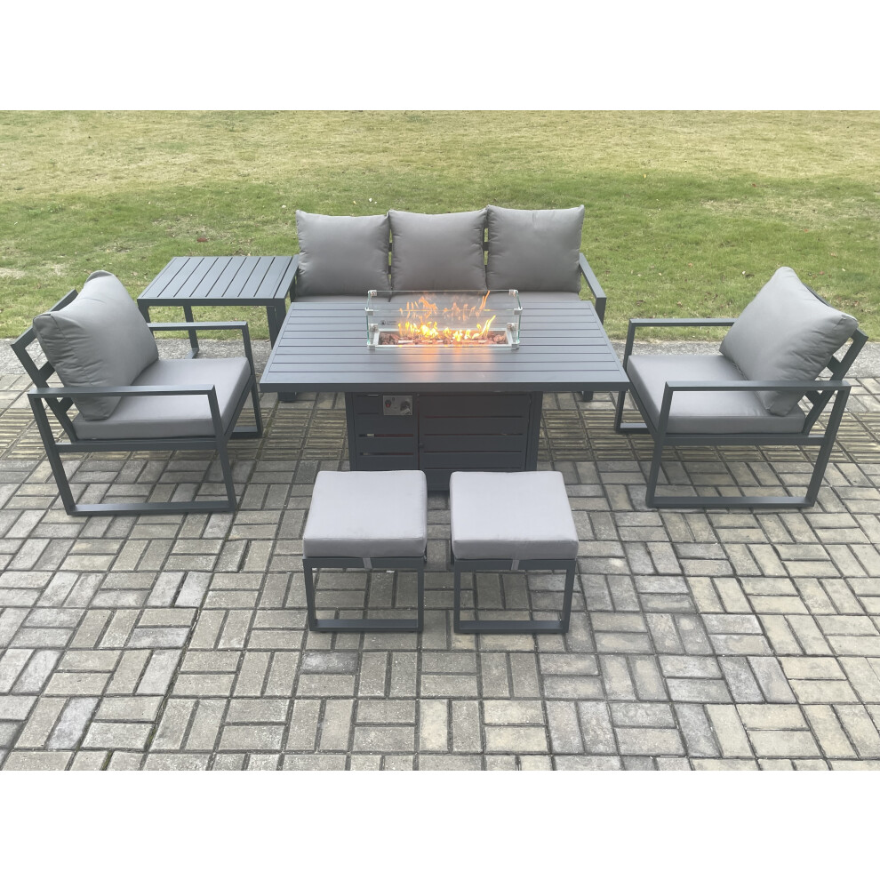 Fimous Dark/Grey Aluminium Patio Outdoor Garden Furniture Lounge Sofa Set Gas Fire Pit Dining Table With Side Table 2 Small Footstools - Image 3