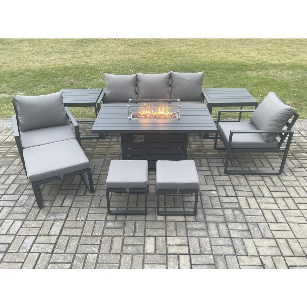 Fimous Aluminium Patio Outdoor Garden Furniture Lounge Sofa Set Gas Fire Pit Dining Table with 2 3 Footstools Dark Grey-image-OPC-PDPF5GW-NEW
