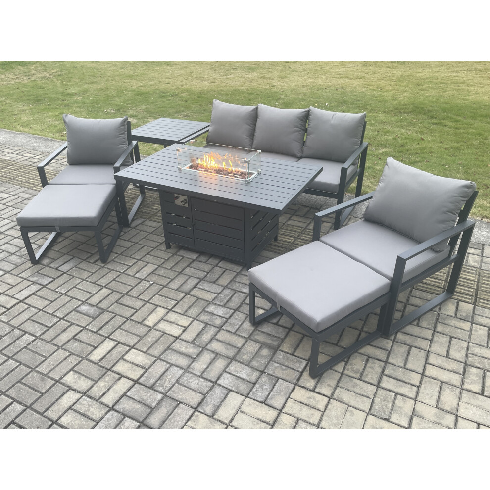 Fimous Aluminium Patio Outdoor Garden Furniture Lounge Sofa Set Gas Fire Pit Dining Table with 2 Big Footstools Dark Grey-image-OPC-PDPF5GS-NEW