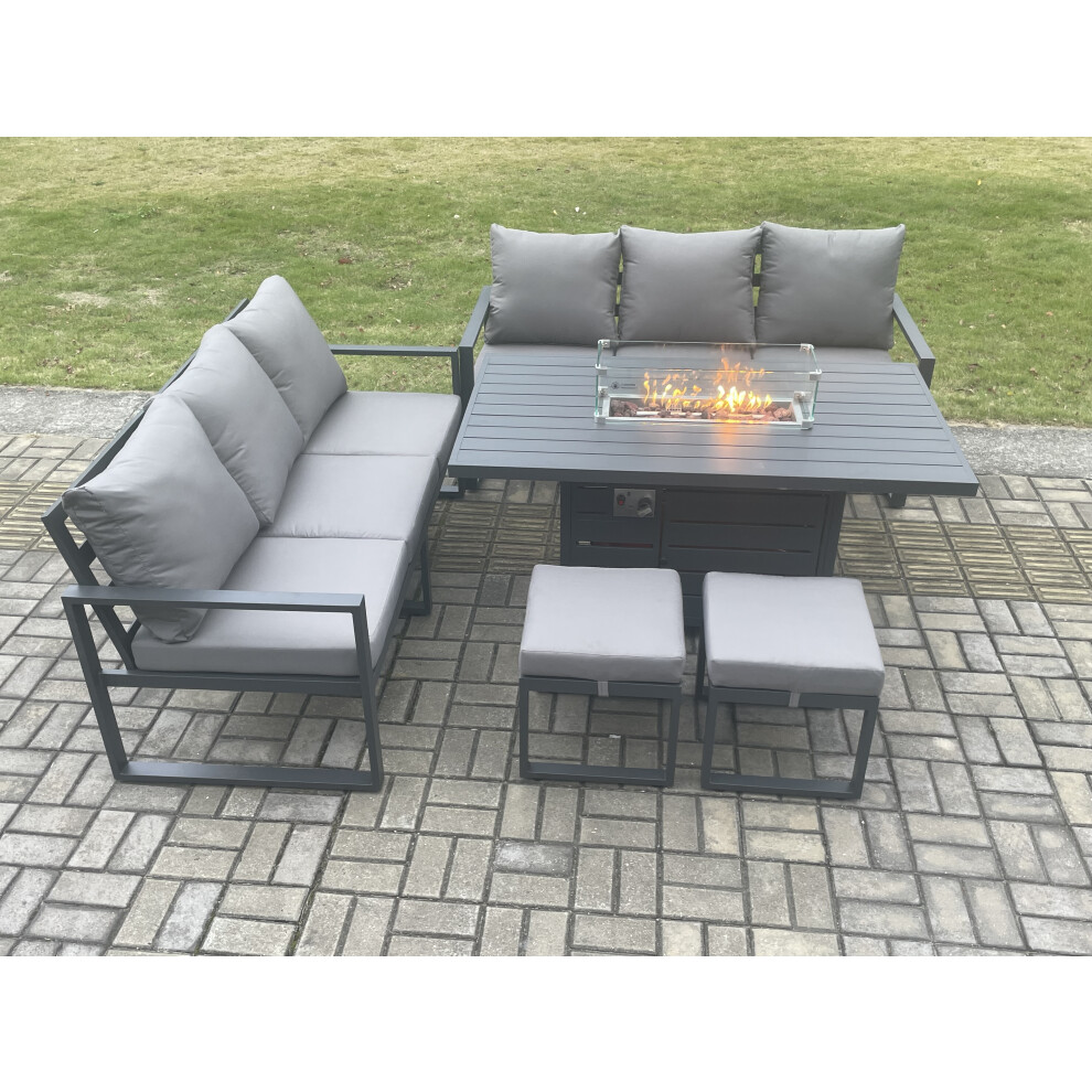 Fimous Dark/Grey Aluminium 8 Seater Outdoor Garden Furniture Lounge Sofa Set Gas Fire Pit Dining Table With 2 Small Footstools - Image 3
