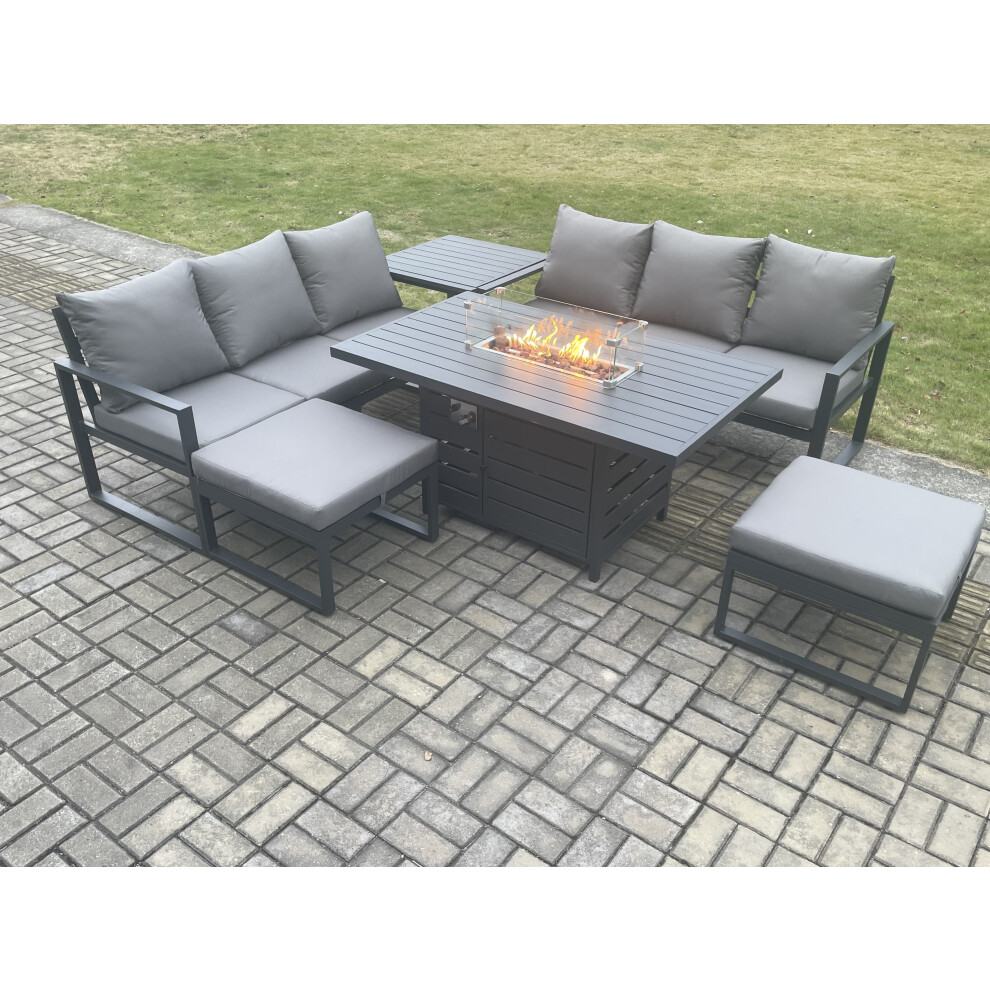 Fimous Dark/Grey Aluminium Outdoor Lounge Sofa Garden Furniture Sets Gas Fire Pit Dining Table Set With 2 Big Footstools Side Table - Image 3